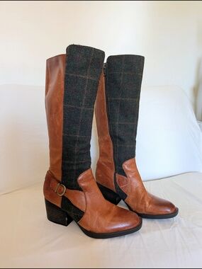 Born Hillman Women's  Tall Two-Tone Leather & Tweed Riding Boots Size 7.5